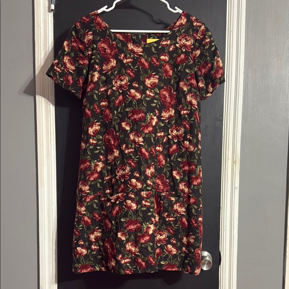 Maeve Rose Print Mini Shift Dress Cotton Blend Pockets Size: M Length: 34”